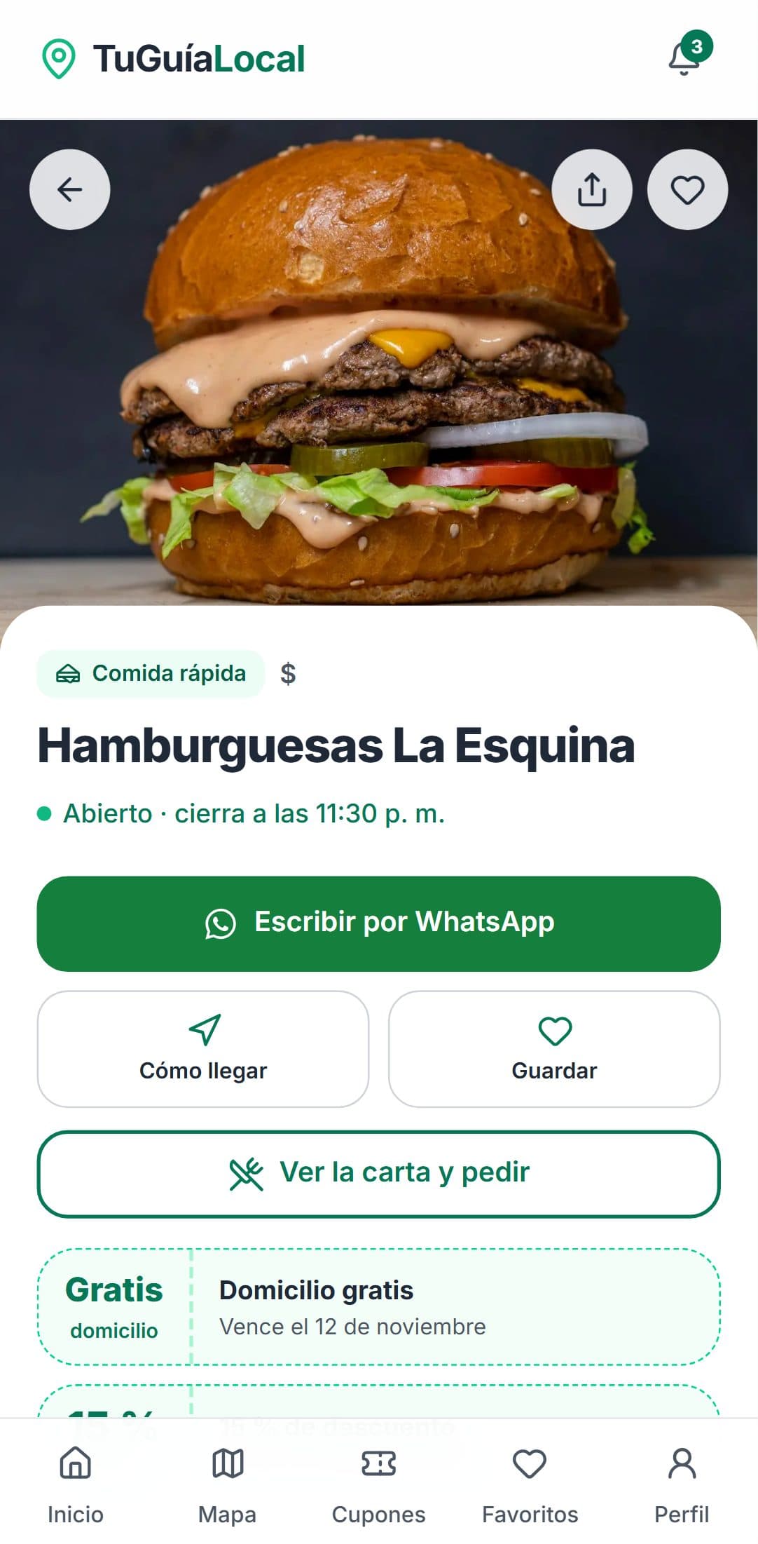 Ficha de un negocio en la app: foto, abierto ahora, Escribir por WhatsApp y Ver la carta