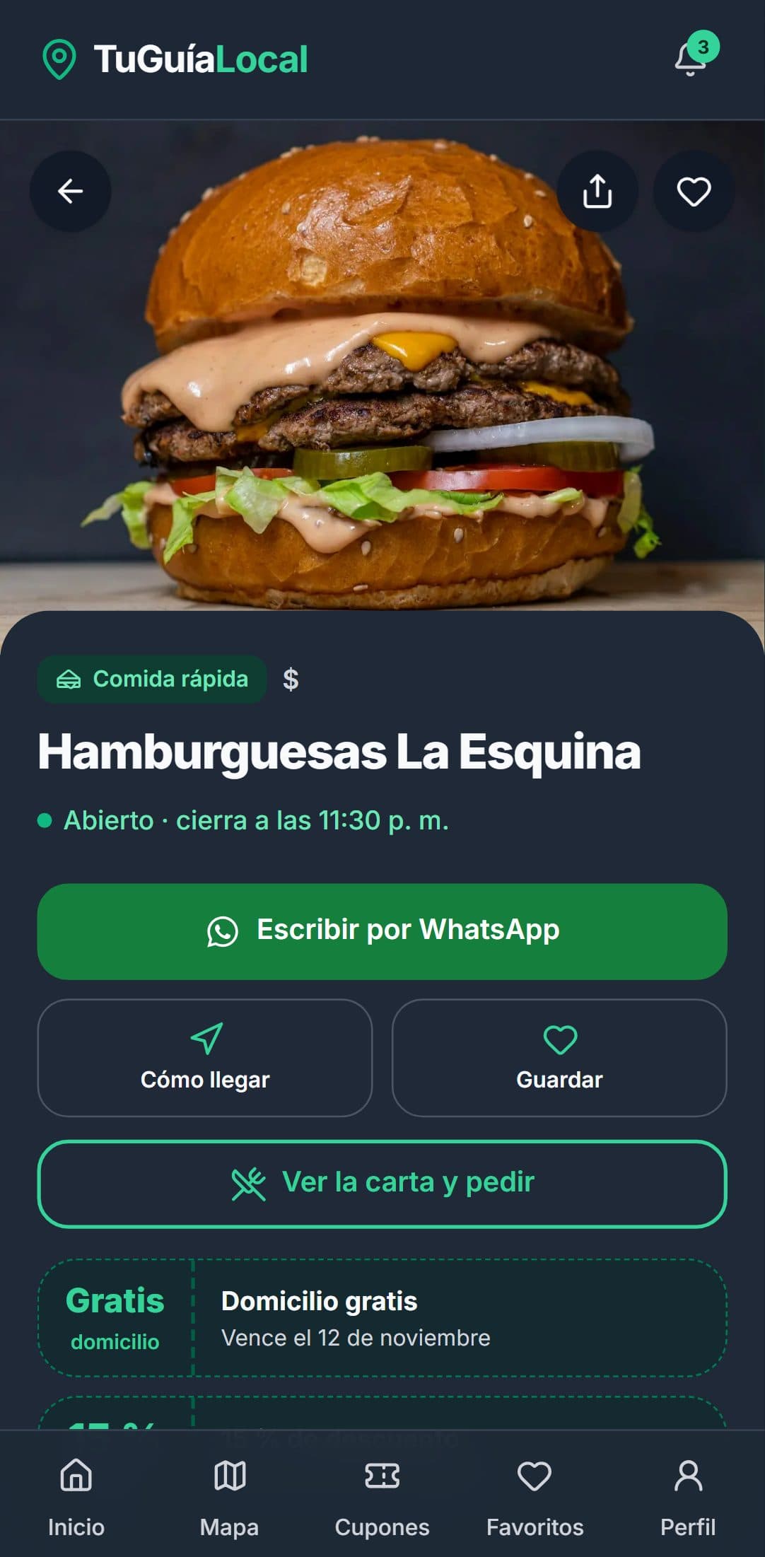 Ficha de un negocio en la app: foto, abierto ahora, Escribir por WhatsApp y Ver la carta